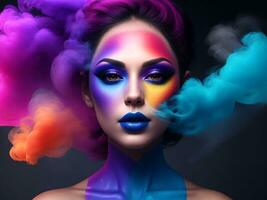 A Beautiful Woman With A Colorful Smoke Effect. Generative Ai photo