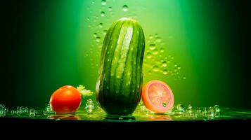 Photo of Cucumber fruit half against a colorful abstract background. Generative AI