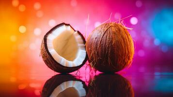 Photo of Coconut fruit half against a colorful abstract background. Generative AI