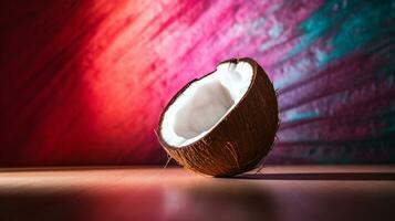 Photo of Coconut fruit half against a colorful abstract background. Generative AI