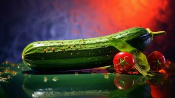 foto de Pepino Fruta medio en contra un vistoso resumen antecedentes. generativo ai