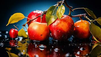 Photo of Crab apples fruit half against a colorful abstract background. Generative AI