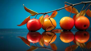 Photo of Crab apples fruit half against a colorful abstract background. Generative AI