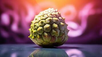 Photo of Custard apple fruit half against a colorful abstract background. Generative AI