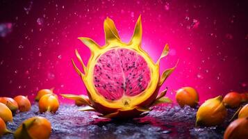 Photo of Dragon fruit half against a colorful abstract background. Generative AI