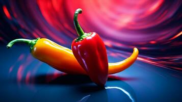 Photo of chilli pepper fruit half against a colorful abstract background. Generative AI