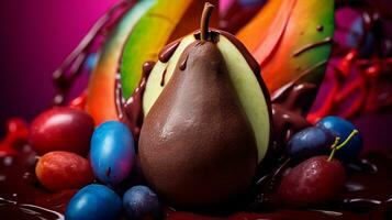 Photo of Chocolate fruit half against a colorful abstract background. Generative AI