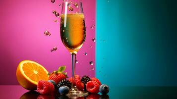 Photo of Champagne fruit half against a colorful abstract background. Generative AI