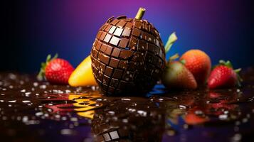 Photo of Chocolate fruit half against a colorful abstract background. Generative AI