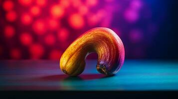 Photo of Cashew fruit half against a colorful abstract background. Generative AI