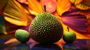 Photo of Breadfruit half against a colorful abstract background. Generative AI