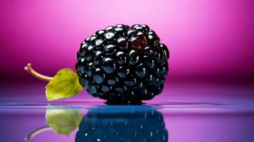 Photo of Blackberry fruit half against a colorful abstract background. Generative AI