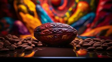 Photo of Cacao fruit half against a colorful abstract background. Generative AI