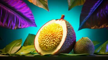 Photo of Breadfruit half against a colorful abstract background. Generative AI