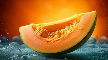 Photo of Cantaloupe fruit half against a colorful abstract background. Generative AI