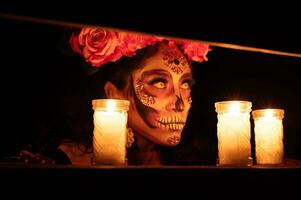 Calavera catrina sentado en un trono. azúcar cráneo constituir. dia Delaware los muertos. día de el muerto. Víspera de Todos los Santos. foto