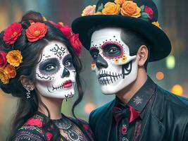 Young Couple Celebration Of Day Of The Dead. Generative Ai photo