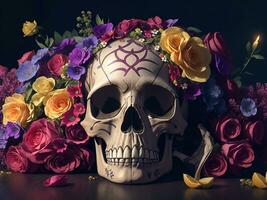 Day Of The Dead. Skull With Flowers. Generative Ai photo