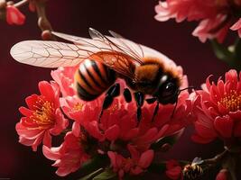 carmesí florecer, un abeja antecedentes. generativo ai foto