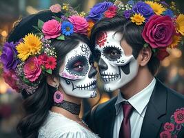 Young Couple Celebration Of Day Of The Dead. Generative Ai photo