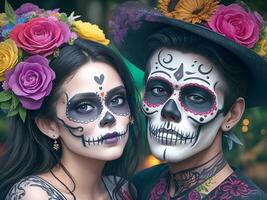 Young Couple Celebration Of Day Of The Dead. Generative Ai photo