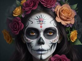 A Girl Day Of The Dead Makeup, Generative Ai photo