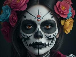 A Girl Day Of The Dead Makeup, Generative Ai photo