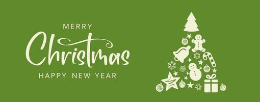 Banner with Merry Christmas and Happy New Year lettering and christmas tree made of christmas decorations vector