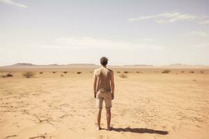 A young man standing in the middle of the desert and looking at the horizon, Male tourist standing in front of a sandy beach and watching the sea, rear view, full body, AI Generated photo