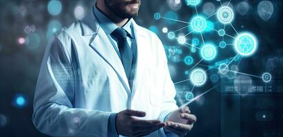 Close up of male doctor in white coat using virtual screen with medical icons, Medical doctor using tablet pc with medical icons on the media screen, AI Generated photo