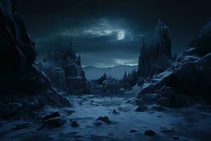 Fantasy landscape with fantasy alien planet and full moon. 3d rendering, minimalist photography, ice ruins, intricate, night, high resolution, 8K ultra HD, AI Generated photo