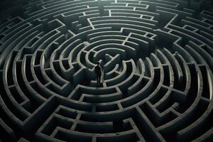 Businessman standing in a middle of a labyrinth. 3D rendering, Man silhouette in maze or labyrinth. Finding solution and self concept, AI Generated photo