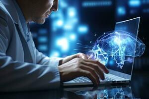 Side view of businessman working on laptop at table in office with glowing sphere hologram. Toned image double exposure, Medical doctor hand working with modern computer, AI Generated photo