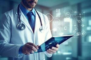 Close up of male doctor in white coat using tablet pc. Mixed media, Medical doctor using tablet pc with medical icons on the media screen, AI Generated photo