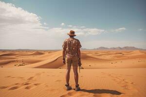 Hiking in the desert. Tourist with backpack and binoculars in the Sahara desert, Male tourist standing in front of a sandy beach and watching the sea, rear view, full body, AI Generated photo