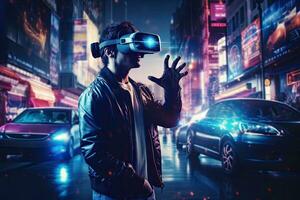 joven hombre vistiendo virtual realidad lentes en un noche ciudad. 3d representación, hombre jugando vídeo juegos con virtual realidad auriculares terminado noche ciudad fondo, ai generado foto