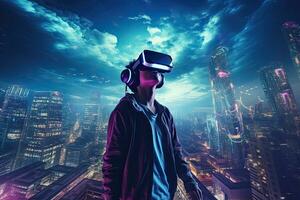 Young man wearing virtual reality goggles over night cityscape background. 3D Rendering, Man playing video games with virtual reality headset over night city background, AI Generated photo