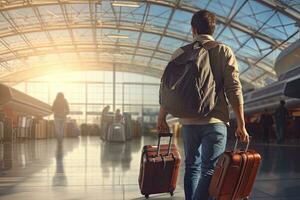 Young man with a suitcase at the airport terminal. Travel concept, Male tourist walking in an airport with luggage, top section cropped, side view, AI Generated photo