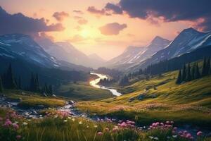 Beautiful alpine meadow with flowers in mountains at sunset, Mountain valley during sundown. Beautiful naural landscape in the summer time, AI Generated photo