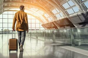 Rear view of a young man with a suitcase at the airport, Male tourist walking in an airport with luggage, top section cropped, side view, AI Generated photo