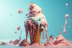 Falling ice cream in waffle cone with pink and blue splashes, A lone penguin on a melting ice floe representing climate change and global warming, AI Generated photo