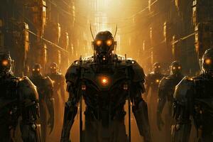 robot and cyborg in the future,3d rendering, Mechanical Guardians An image featuring towering AI robots, their imposing presence and glowing eyes signifying their role as, AI Generated photo