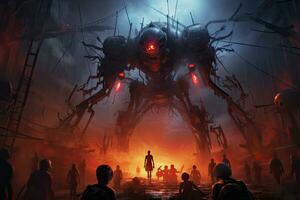 Fantasy scene with alien and people. 3d illustration. Elements of this image furnished by NASA, Mechanical Guardians An image featuring towering AI robots, their imposing, AI Generated photo