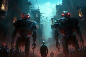 Fantasy scene of a man standing in front of a group of robots. 3D rendering, Mechanical Guardians An image featuring towering AI robots, their imposing presence and glowing eyes, AI Generated photo