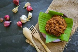 abon made of meat, minced meat dishes made with brown sugar and dried, preserved foods. Indonesian Asian food photo