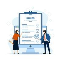 Concept of business rules, planning, regulation, compliance, startup company, business strategy. Business people studying list of rules, reading guide, making checklist. company laws and regulations. vector