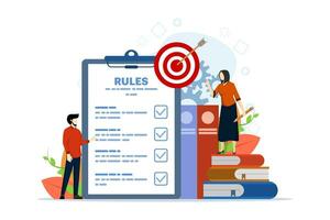 Concept of business rules, planning, regulation, compliance, startup company, business strategy. Business people studying list of rules, reading guide, making checklist. company laws and regulations. vector