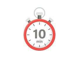 10 minutes on stopwatch icon in flat style. Clock face timer vector illustration on isolated background. Countdown sign business concept.