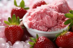 A scoop of strawberry ice cream covered in fresh strawberries and a sprinkle of powdered sugar, Close-up Shot, created with AI Generated photo