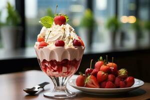 escarchado vaso de fresa hielo crema helado con frutas y nueces en capas con azotado crema con Fresco fresas y un Cereza en arriba, ángulo medio disparo, creado con ai generado foto